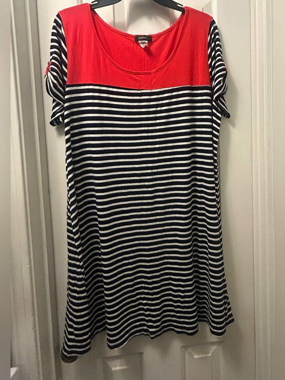 Striped Short-Sleeve Dress with Red Yoke